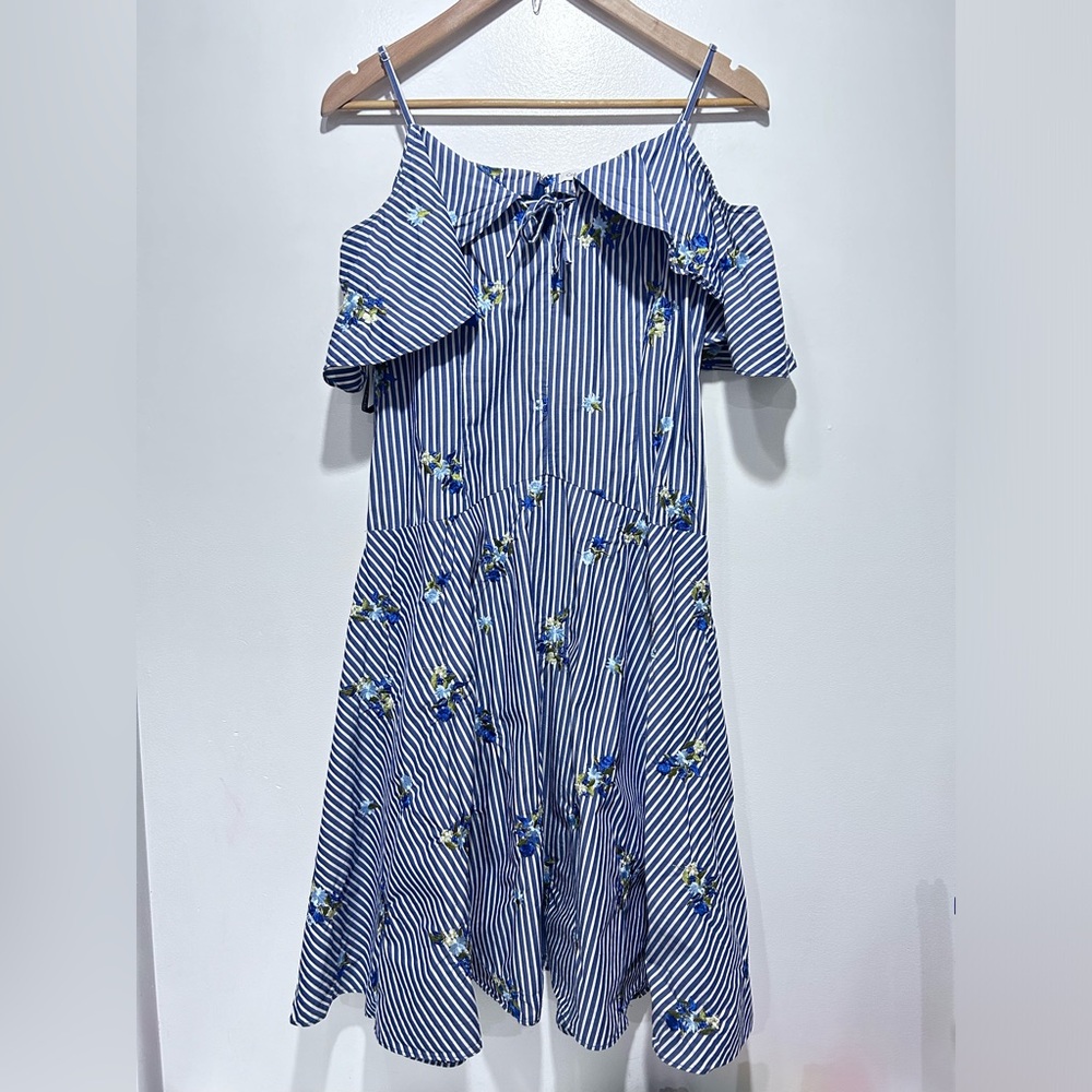 Calvin Klein Navy White Striped‎ Cotton Cold Shoulder Dress w/ Flower Embroidery